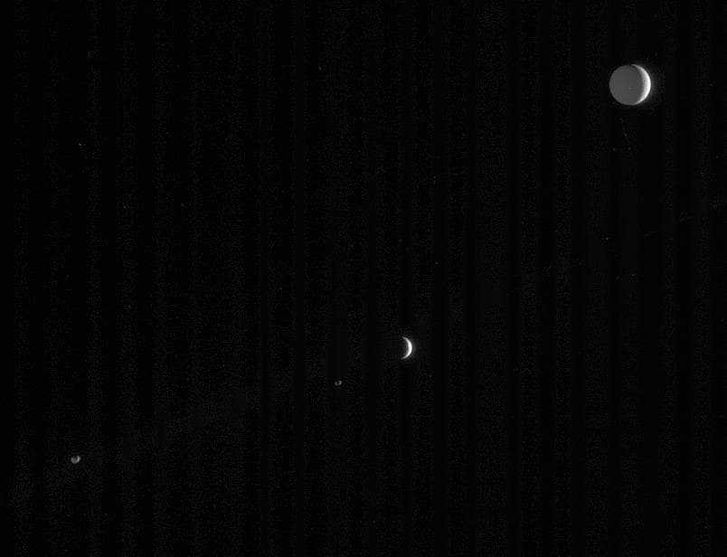 #9 A Multitude of Moons — Four Saturn Moons in One Frame — Saturn Up Close: Cassini's Legacy in Its Most Iconic Frames